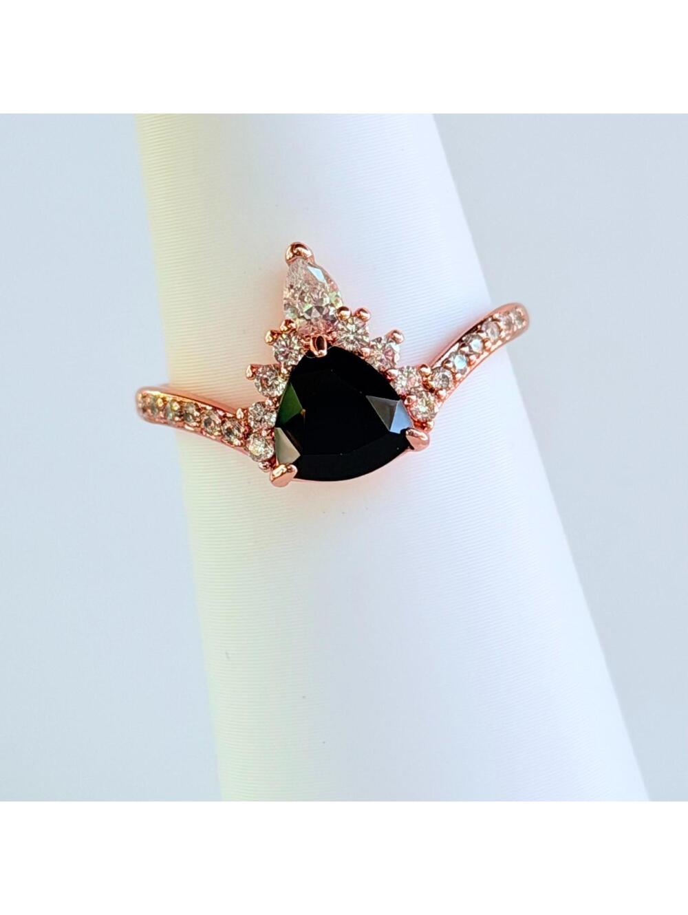 Bomb Party Ring Sz 8 "Chasing A Dream" Black Onyx & CZ on Rose Gold BORG *Retro